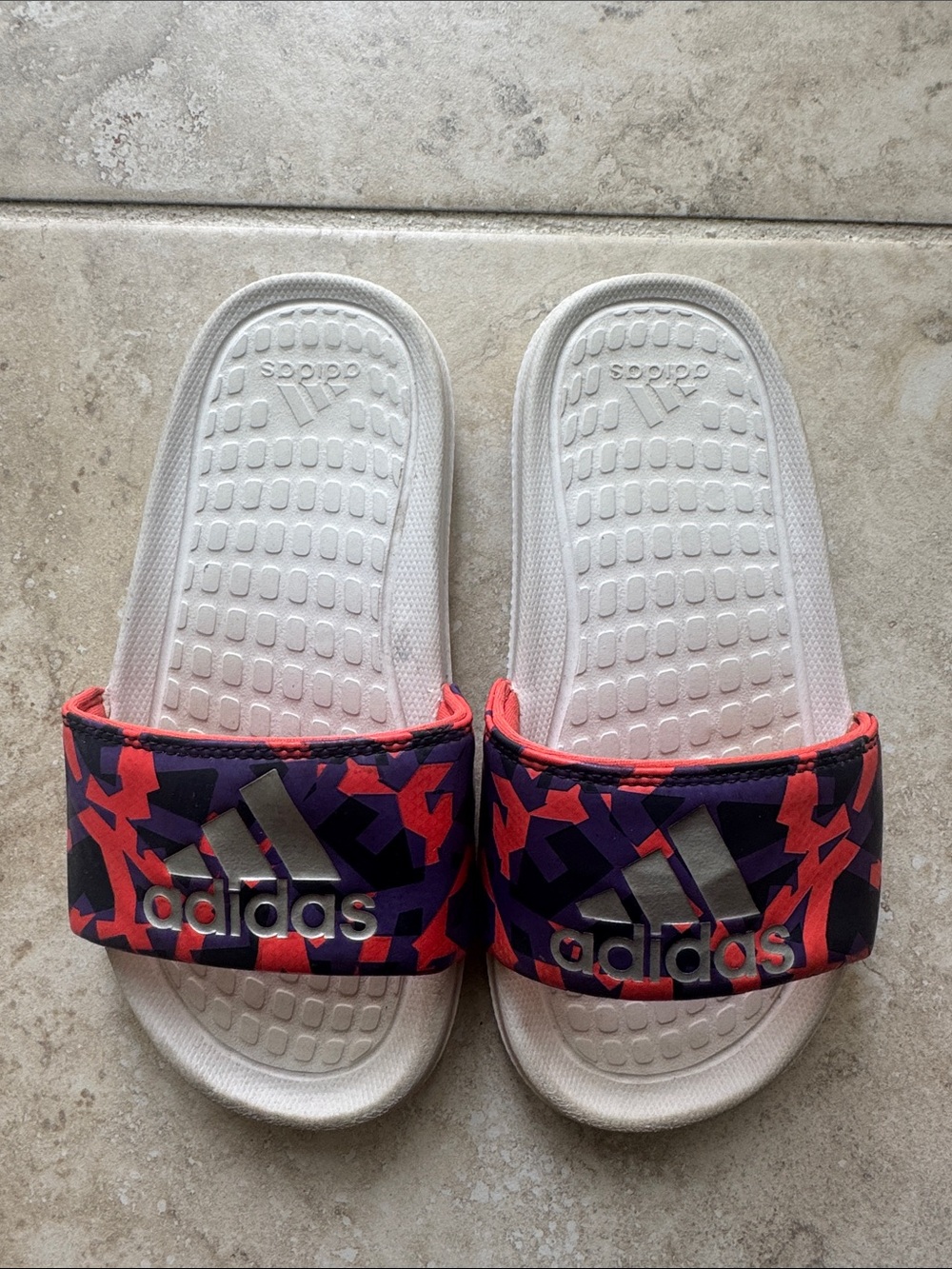 adidas Kids White Slides with Pink and Purple Geometric Strap